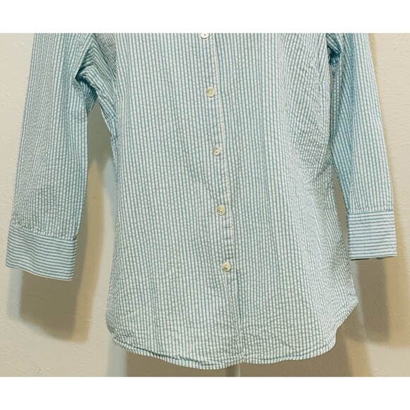 LL Bean Women Size M Teal/White Striped Seersucker Button Up Shirt Blouse - Picture 3 of 13